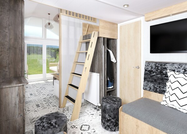 A modern room with a wooden ladder, a bed with patterned bedding, a TV, and a view of the outdoors.