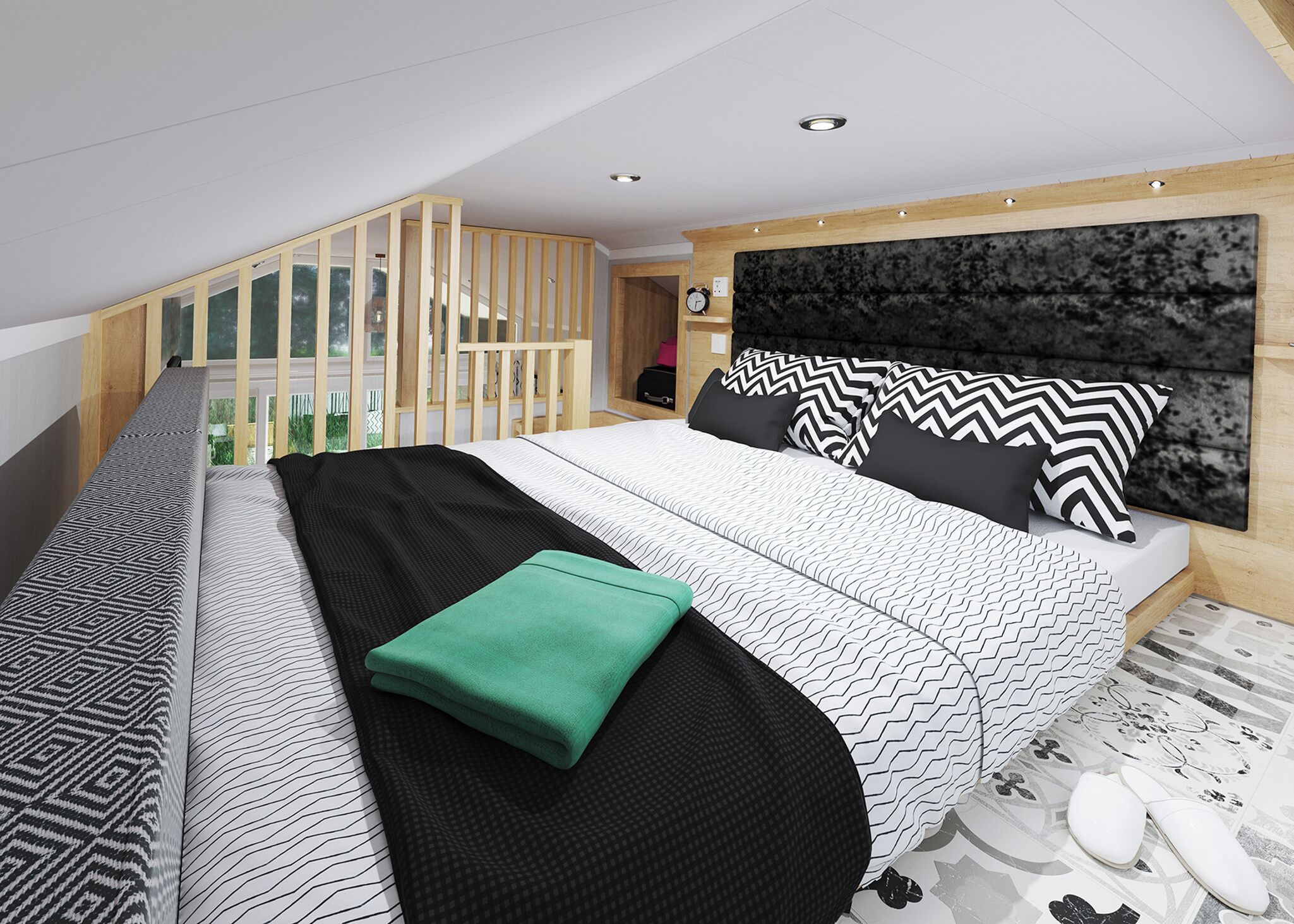 A modern bedroom with a large bed, a headboard, and a view of a balcony.