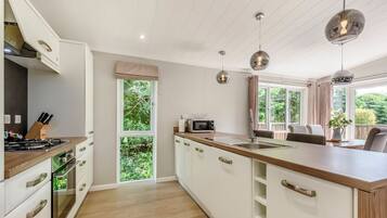 Full-sized fridge, oven, stovetop, dishwasher