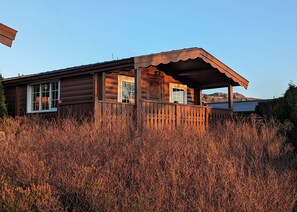 A wooden cabin with a porch, windows, and a view of a mountainous landscape.