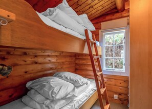 A wooden cabin room with a bunk bed, a ladder, a window, and a door.