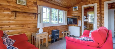 Interior de una cabaña de troncos con un sofá rojo, un televisor y una chimenea.