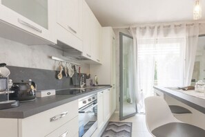 Fridge, microwave, dishwasher