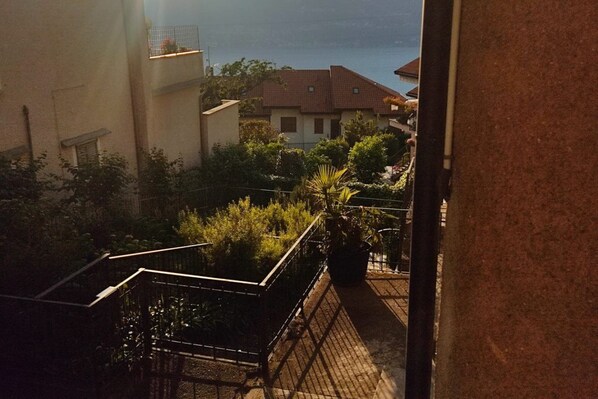 A residential area with a view of the sea, featuring a balcony with plants and a railing.