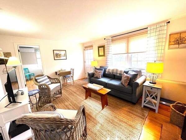 Smart TV, fireplace, books, stereo