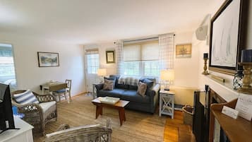 Smart TV, fireplace, books, stereo