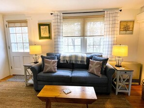 Smart TV, fireplace, books, stereo