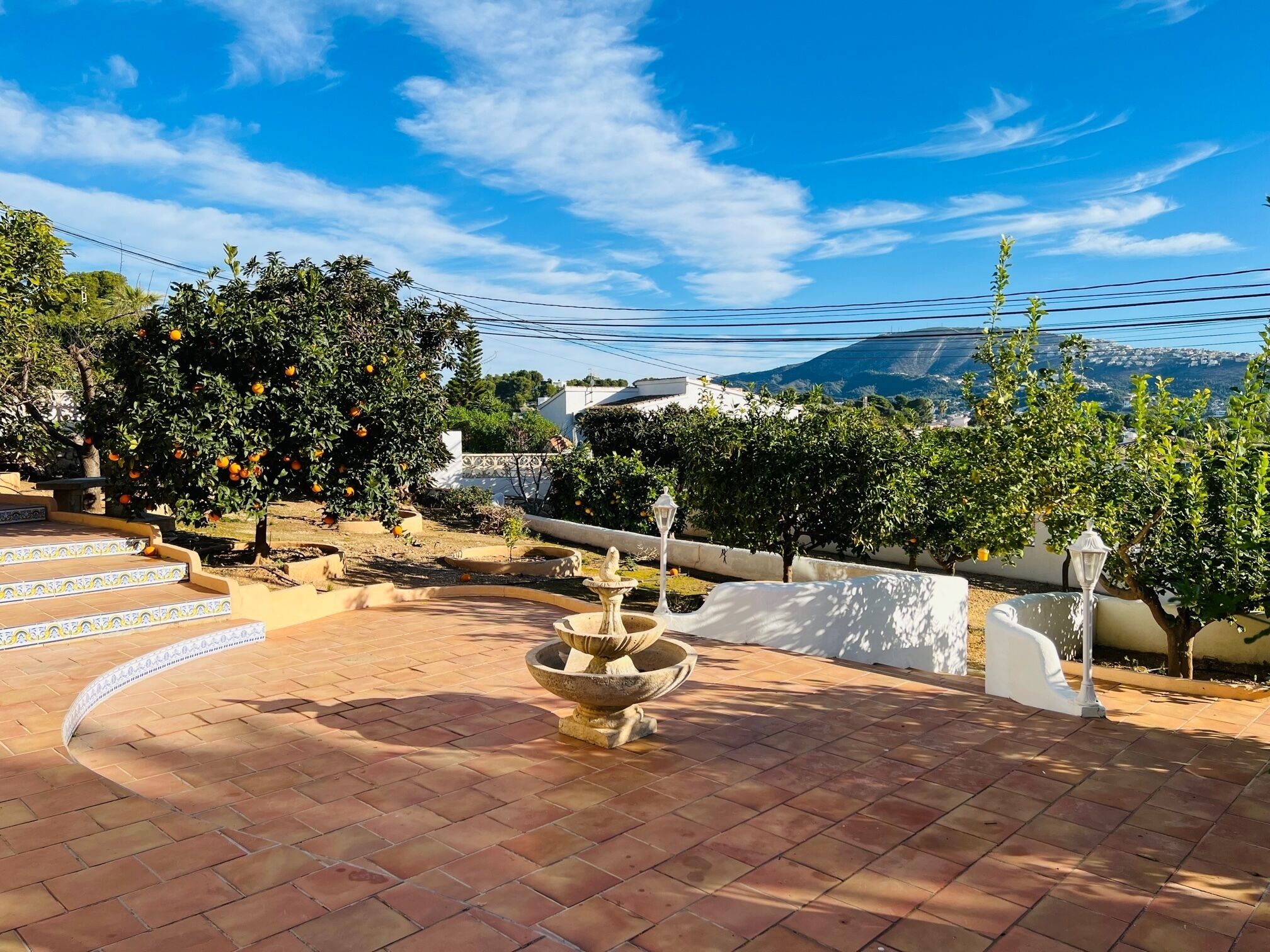Un patio con una fuente, escalones de cerámica y naranjos.