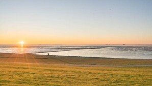 Un paisaje costero con un atardecer, una playa de arena y una zona con césped.