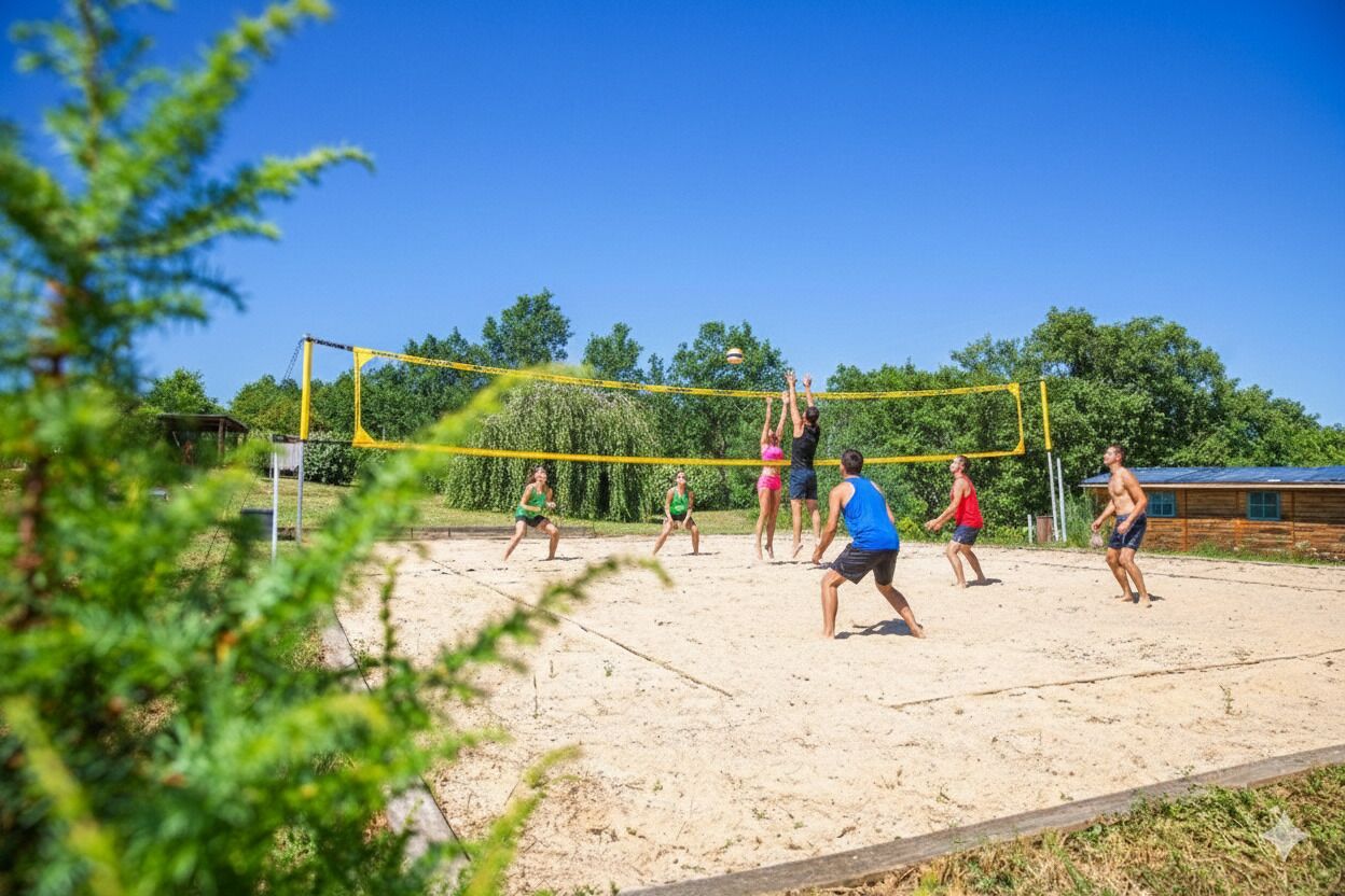 A volleyball game on a sandy court with a net, surrounded by greenery and a clear sky.