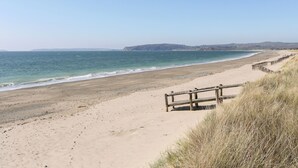 En strand med en träpromenad och sanddyner med gräs.