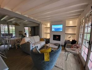 Télévision, cheminée, lecteur de DVD, livres