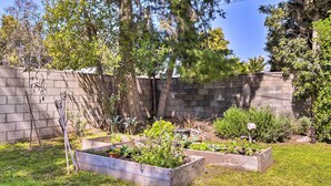 Een tuin met verhoogde plantenbakken, een brievenbus en een stenen muur.