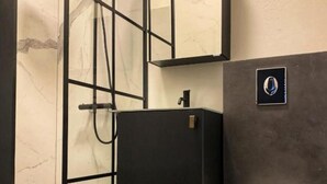 Ein modernes Badezimmer mit Duschkabine aus Glas, einem schwarzen Waschbecken und einer Toilette.