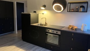 Eine moderne Küche mit Einbauofen, Spüle und einer runden Leuchte über der Arbeitsfläche.