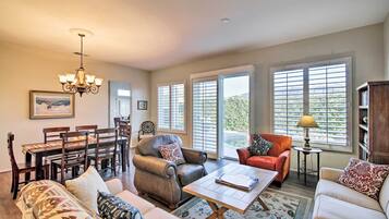 TV, fireplace, books