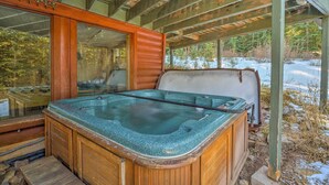 A wooden hot tub with a glass enclosure, surrounded by a rustic cabin structure with a metal roof. - Cabin w/ Hot Tub: 3 Mi to Main St Breckenridge! (Breckenridge)