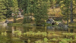 Une cabane au bord d’un lac, entourée d’une forêt dense.