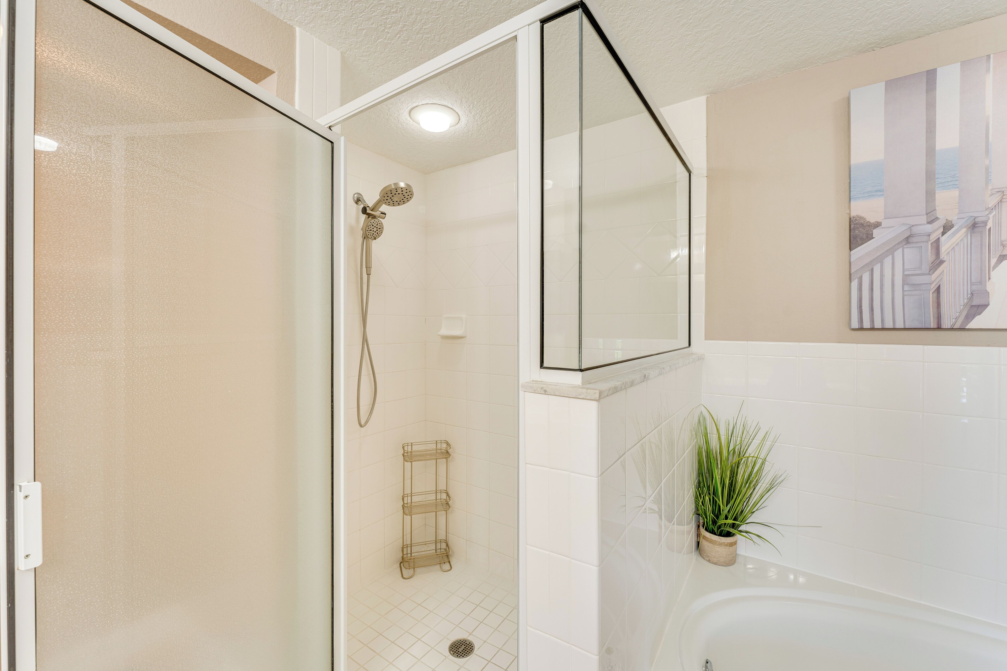 A bathroom with a glass-enclosed shower, a bathtub, and a potted plant.