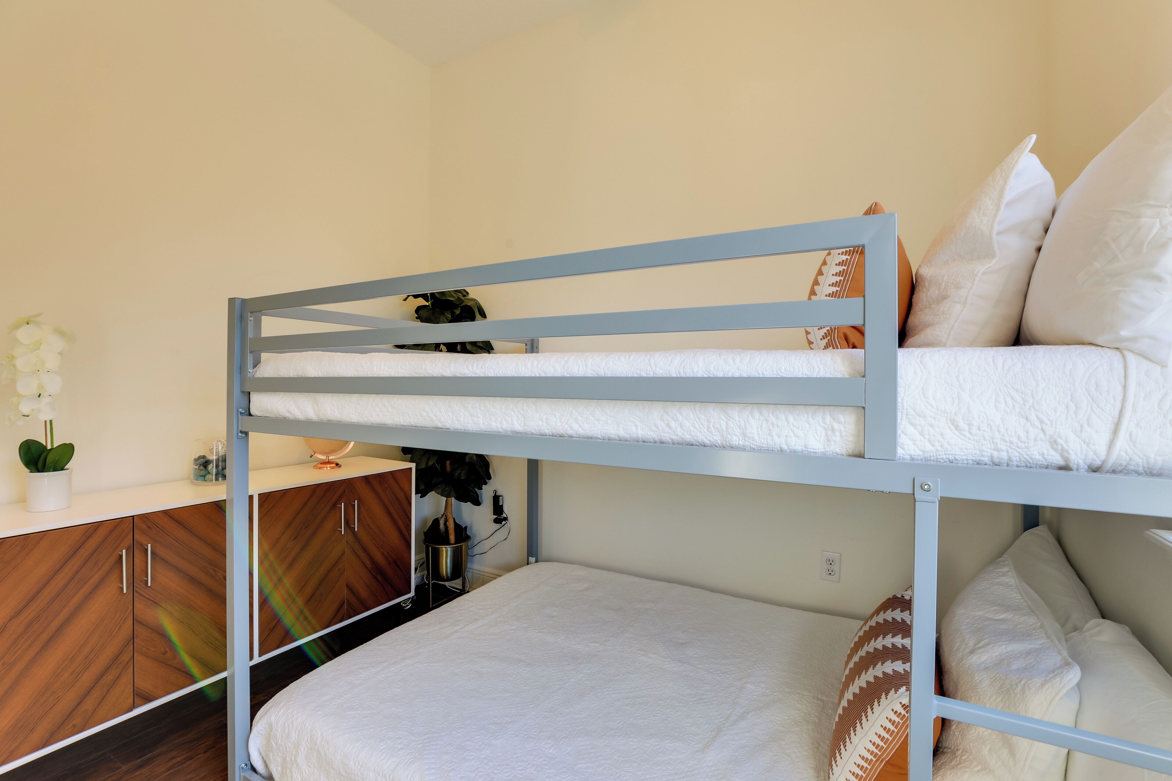 A bunk bed with a lower bunk, a desk with a chair, a potted plant, and a wooden cabinet.