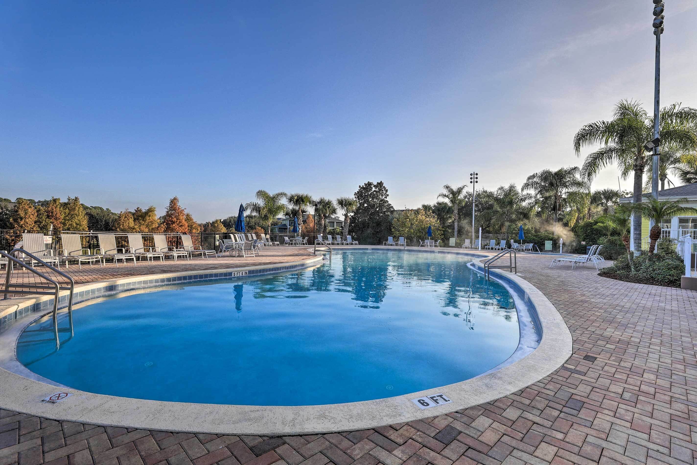 A circular swimming pool with a brick deck, surrounded by lounge chairs and palm trees.