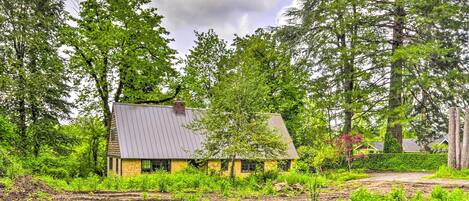 A rustic house surrounded by dense greenery and trees.