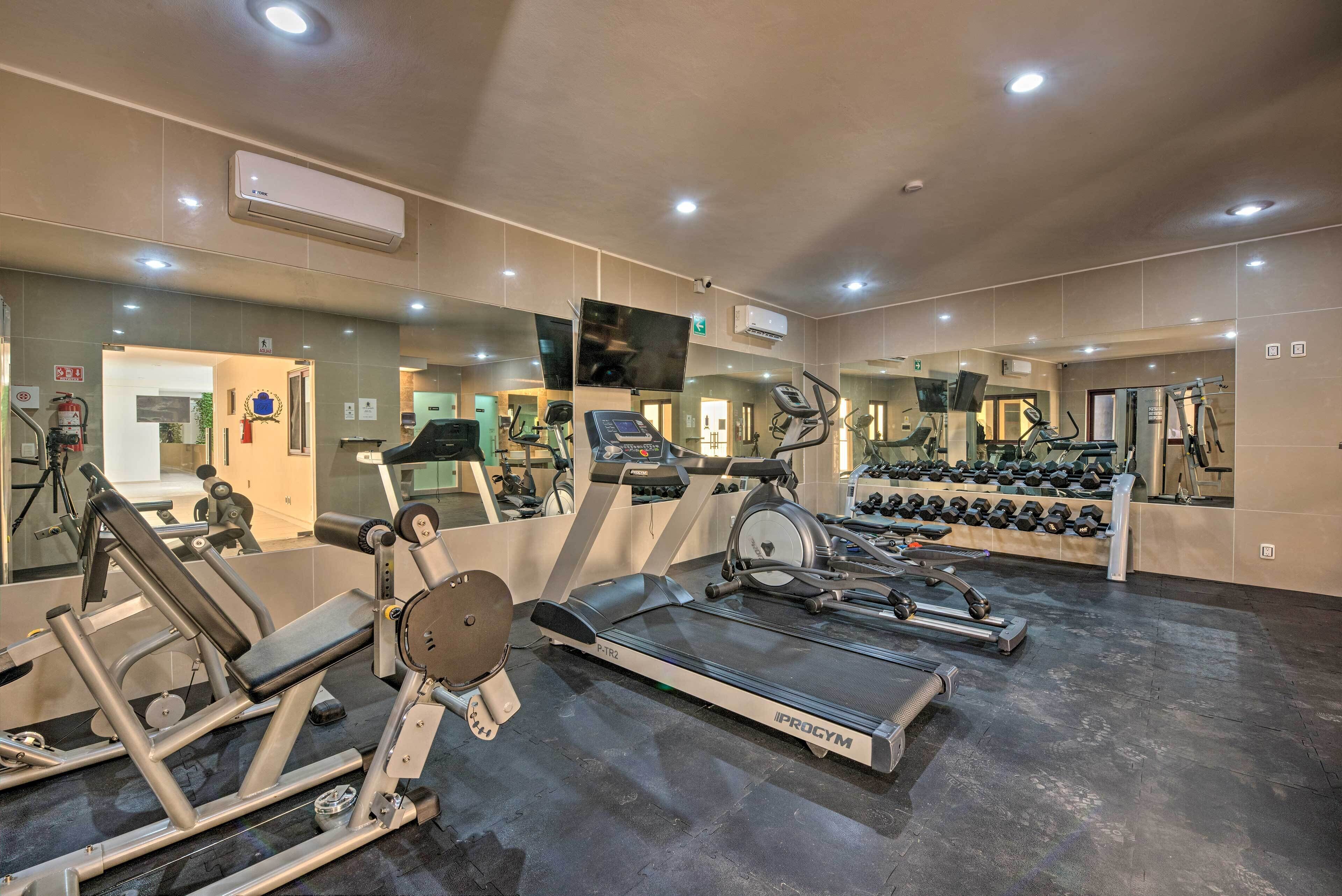 Une salle de sport équipée de tapis de course, d’appareils de musculation et d’un mur entièrement recouvert de miroirs.