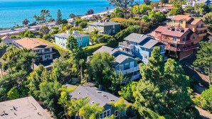 A coastal residential area with houses surrounded by trees and a view of the ocean.