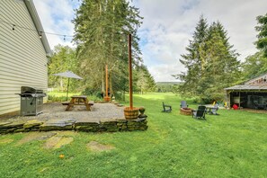 House (5 Bedrooms) | Interior - Game Room & Fire Pit: Peaceful Catskills Farmhouse (Meredith)