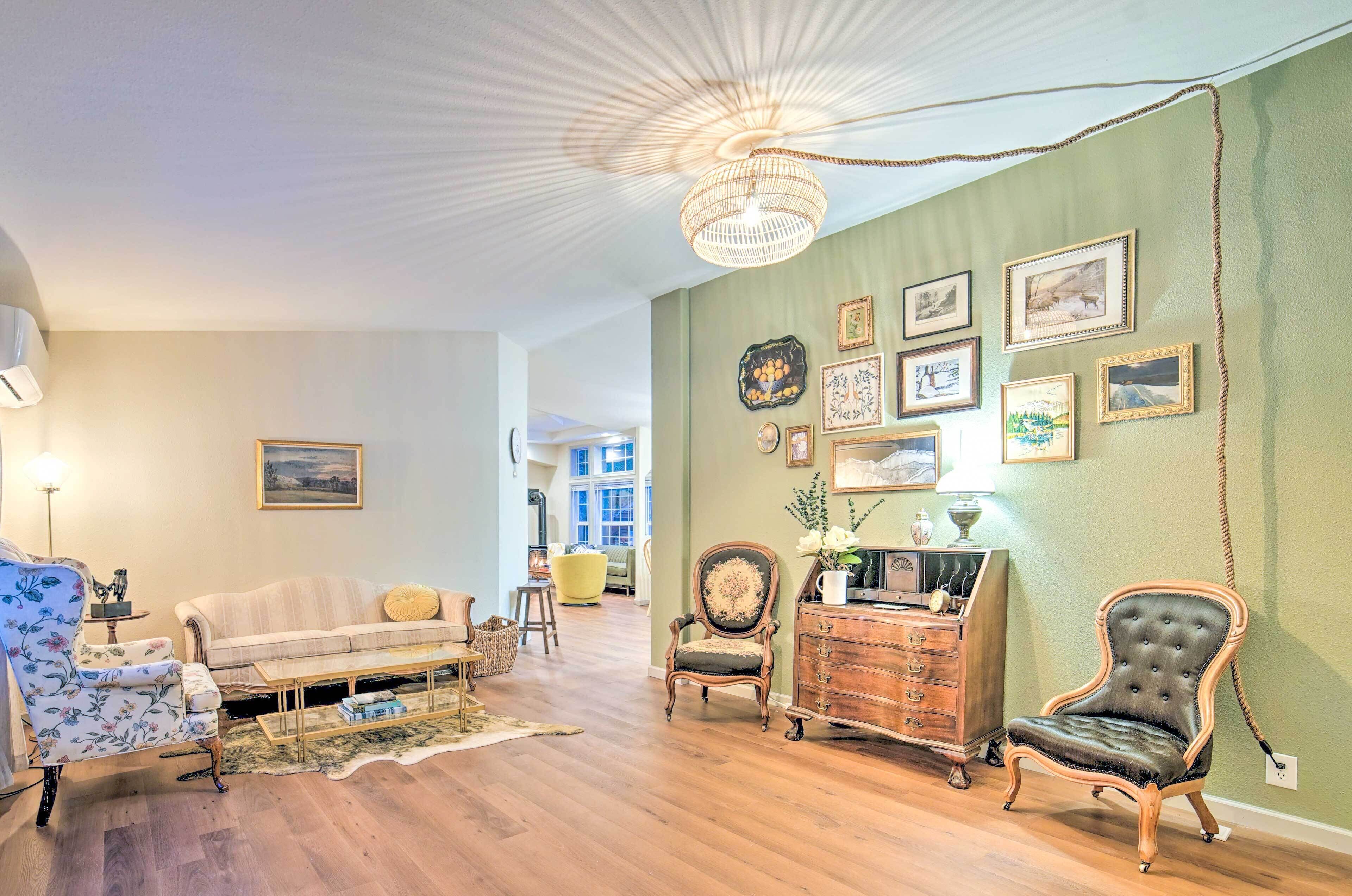 TV, fireplace, books