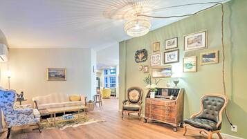 TV, fireplace, books