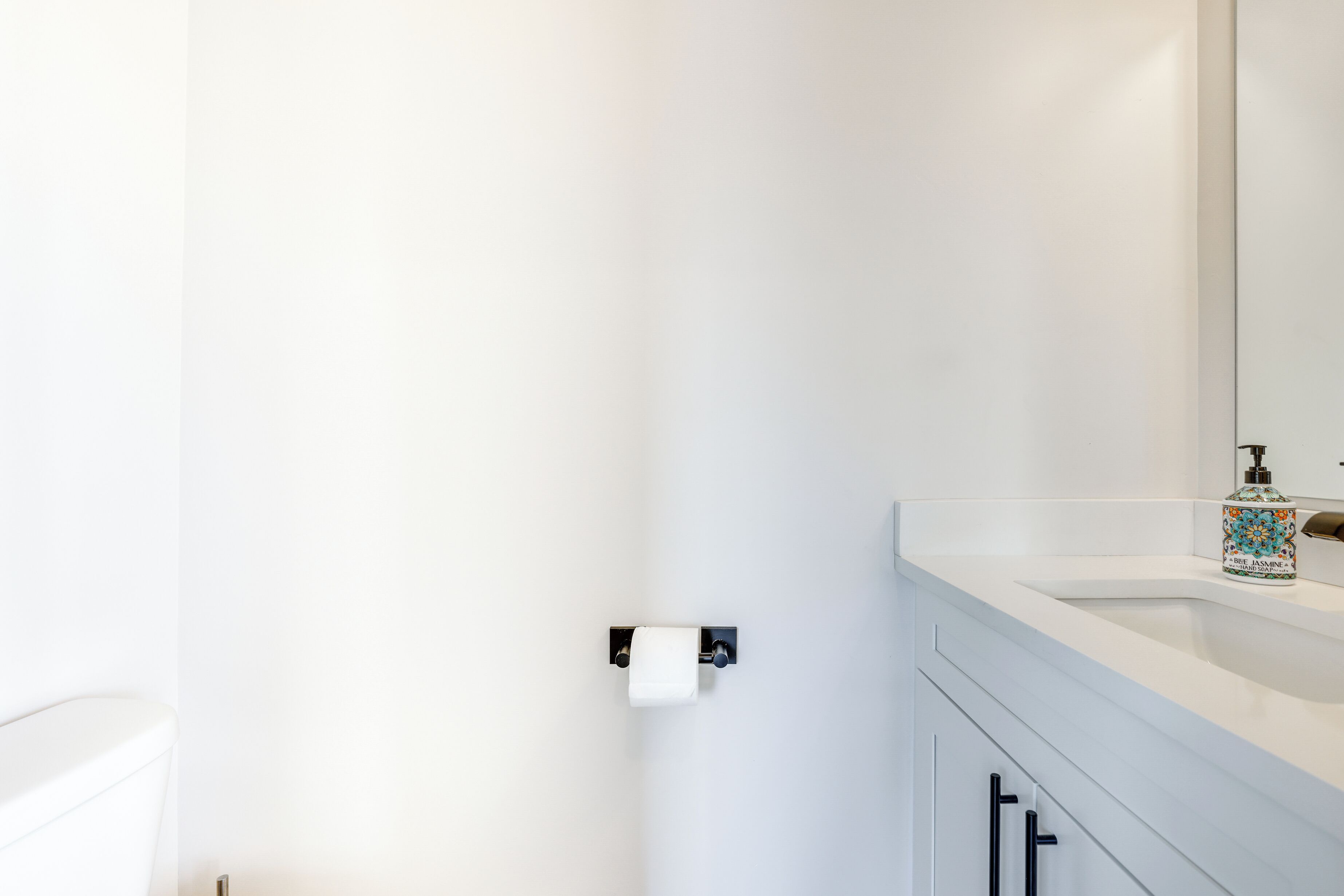 A bathroom with a white sink, a mirror, and a toilet paper holder.