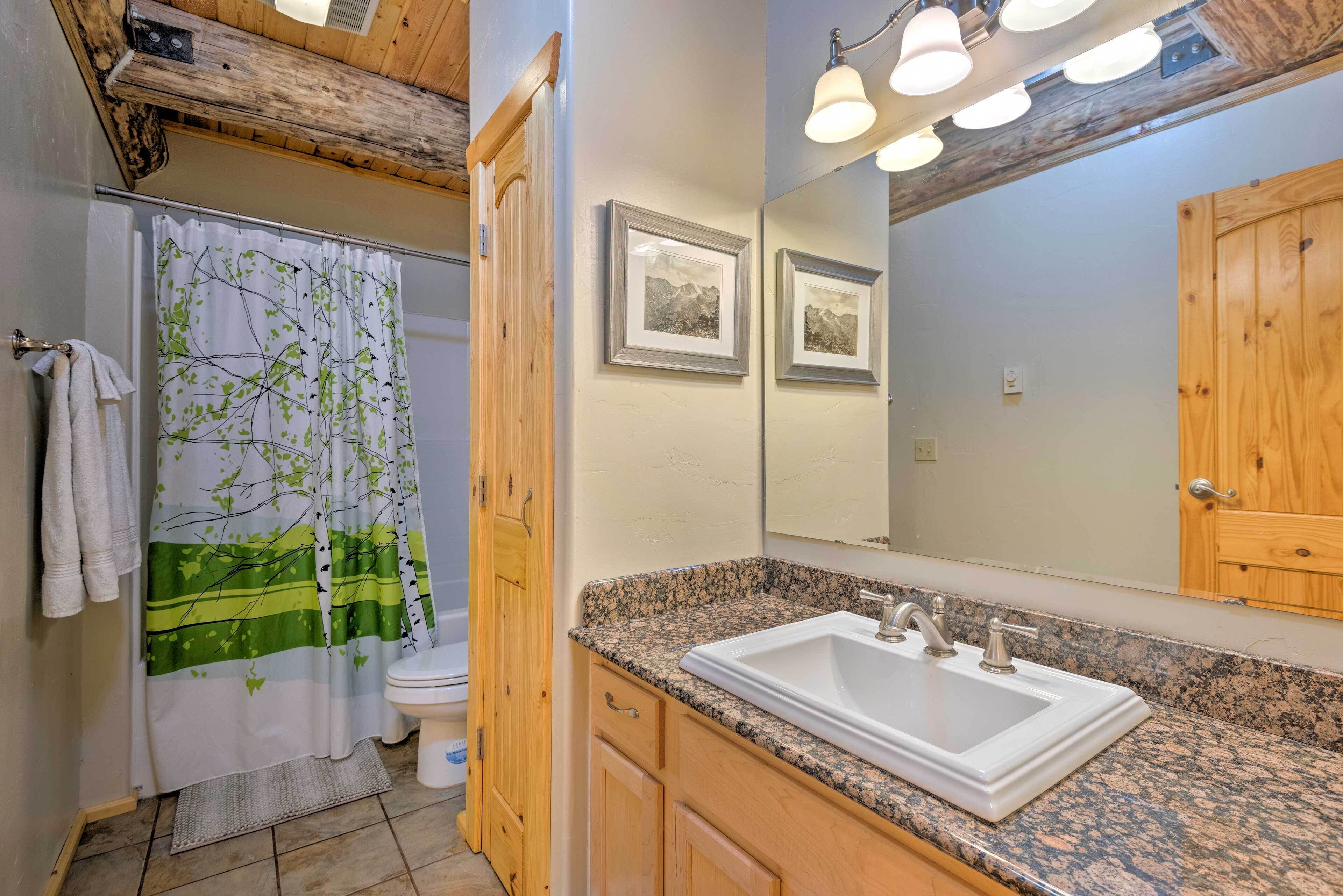 A bathroom with a granite countertop sink, wooden cabinets, a shower curtain with a nature design, and framed pictures on the wall.