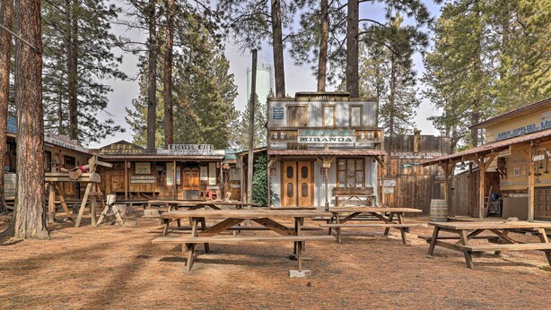 A rustic wooden building with a sign reading "1881" and "Miranda." - Rustic Western Home: Walk to Winchester Lake! (Winchester)