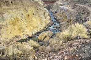 A narrow canyon with a stream running through it, surrounded by rocky terrain and sparse vegetation. - 'cedar Mountain Hideout' By Cody Night Rodeo! (Cody)