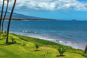 A coastal landscape with a grassy area, palm trees, and a view of the ocean and distant mountains. - Beachfront Paradise with A/C - Sugar Beach Resort #227 - Stunning Ocean Views! (Kihei, Maui)