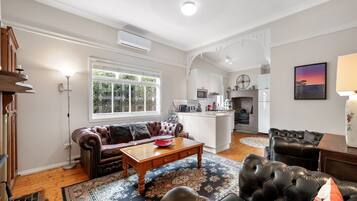 Smart TV, fireplace, books