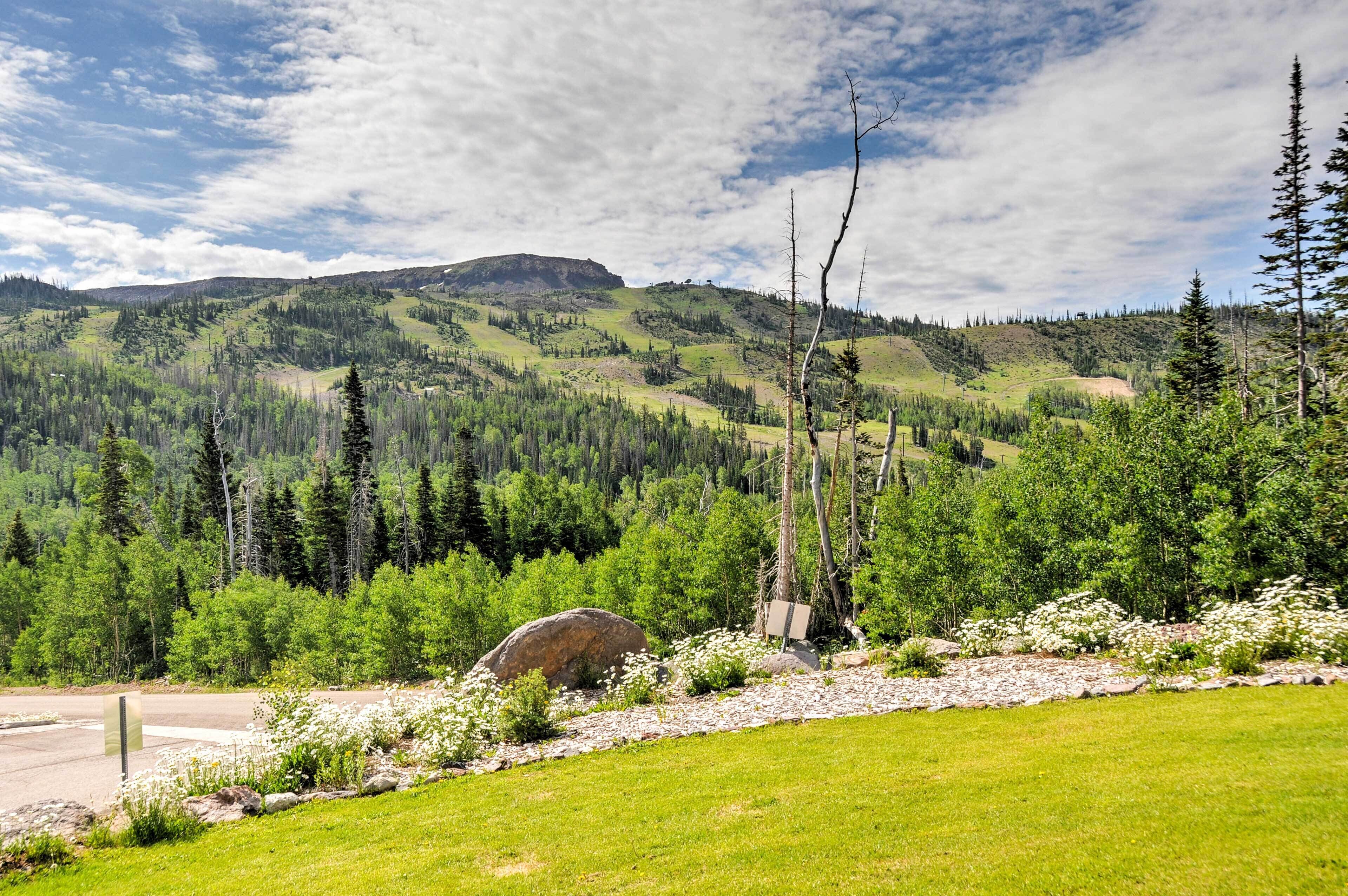 A mountainous landscape with a grassy foreground, trees, and a clear sky.