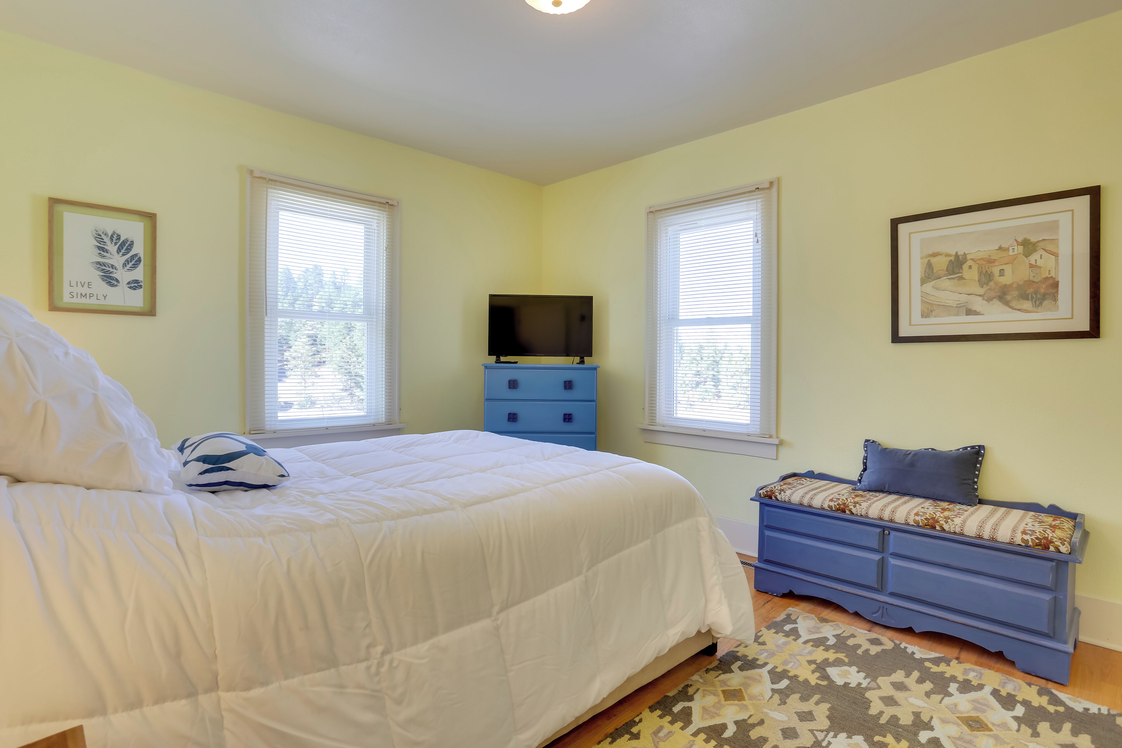 A bedroom with a bed, a dresser, a TV, and two windows.