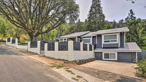 Une maison moderne à deux étages, avec une façade en béton, une clôture en métal noir et un grand arbre en arrière-plan.