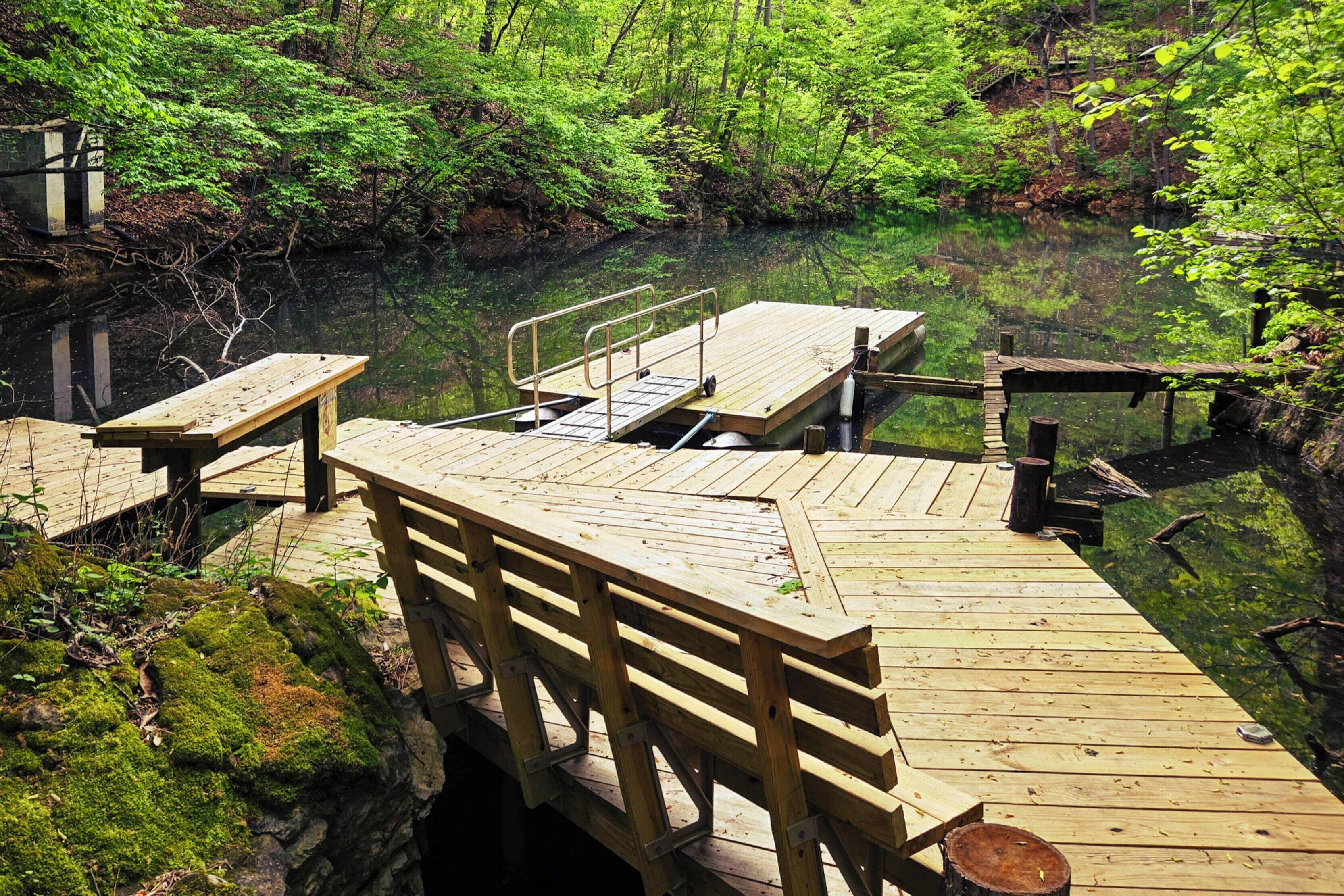 A wooden dock extending over a calm body of water, surrounded by lush greenery.