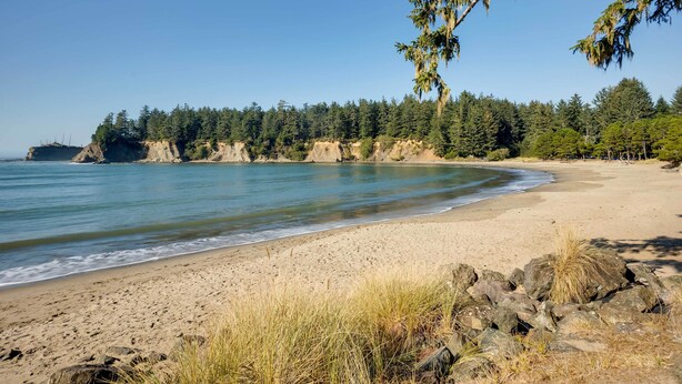 A beach with a rocky foreground, a sandy shore, and a forested cliff in the background. - Fishermen's Paradise in Coos Bay: Walk to Beach! (Coos Bay)