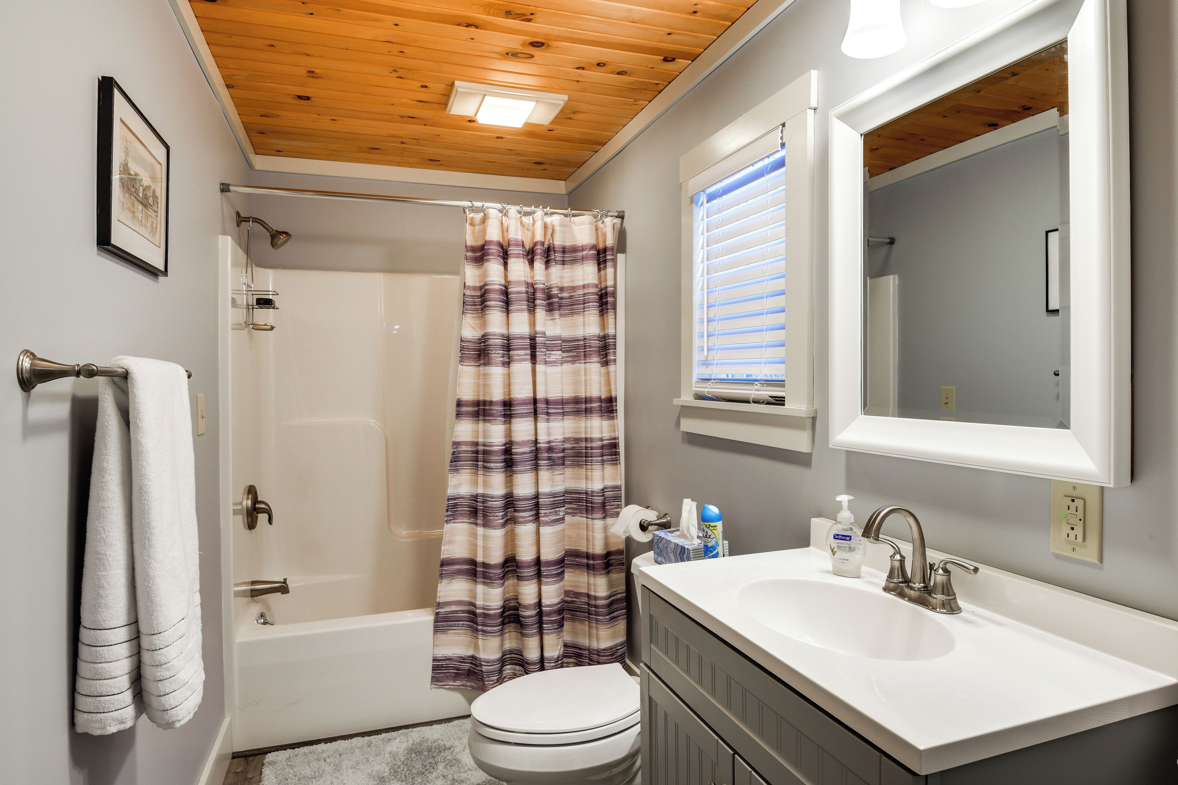 Une salle de bain avec douche, toilettes et lavabo.