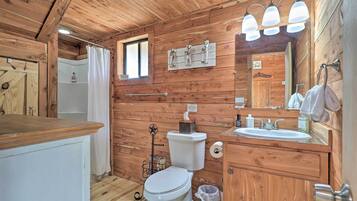 Bagno di una baita in legno, con il water, il lavandino e uno specchio.