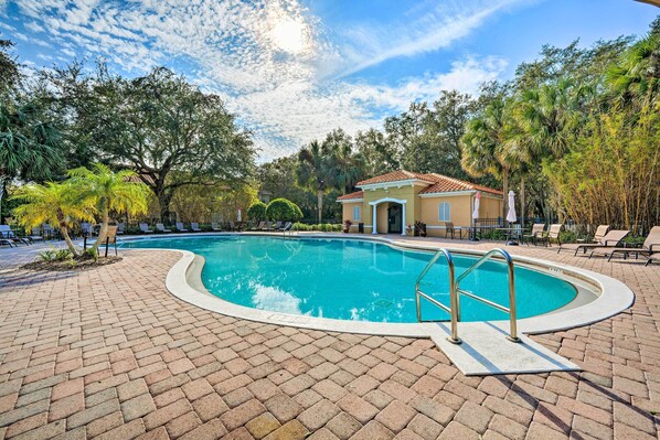 A swimming pool with a tiled deck, surrounded by palm trees and lounge chairs.