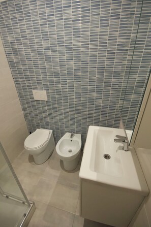 Shower, free toiletries, hair dryer, bidet