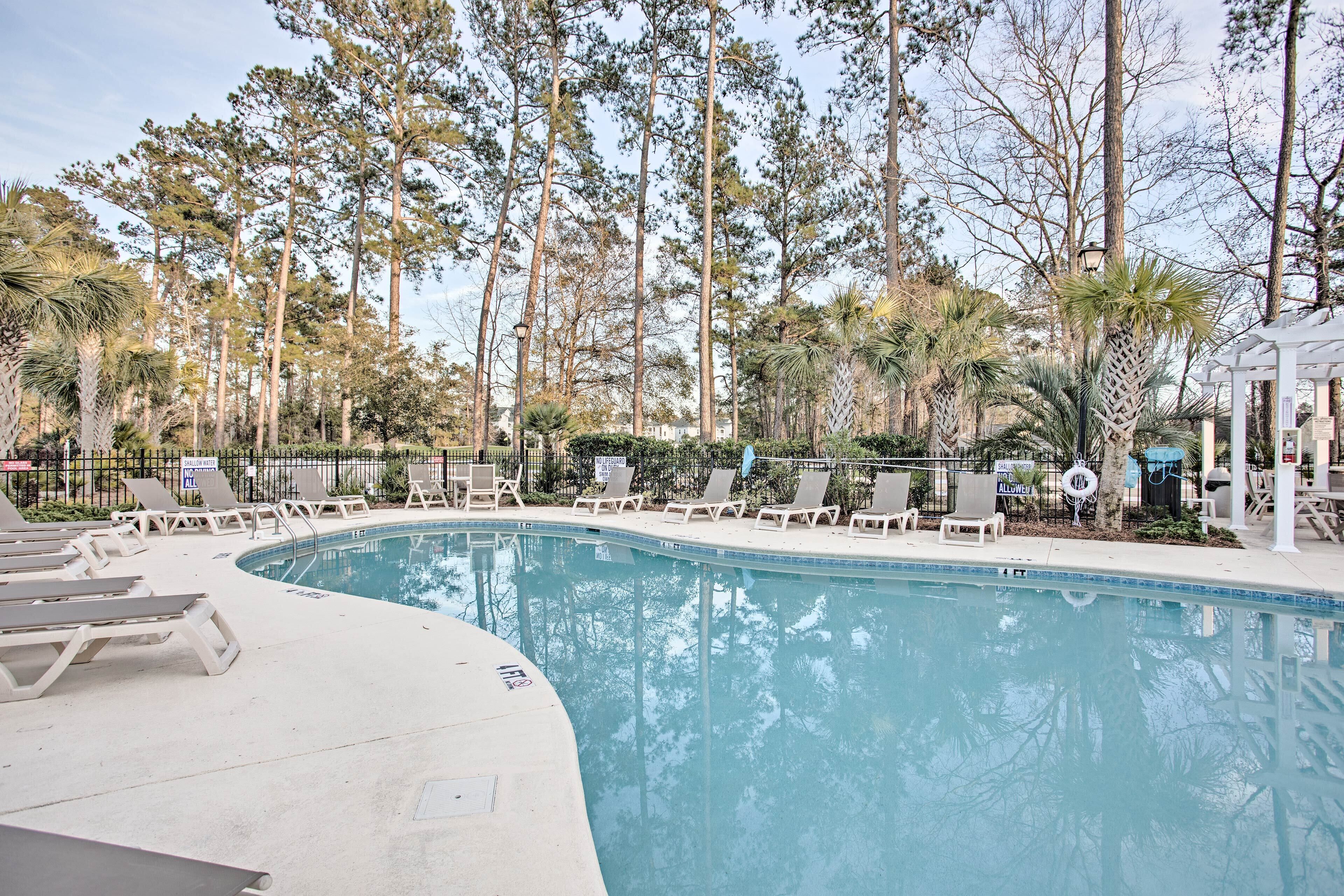 Una piscina rodeada de sillas de descanso y árboles altos.