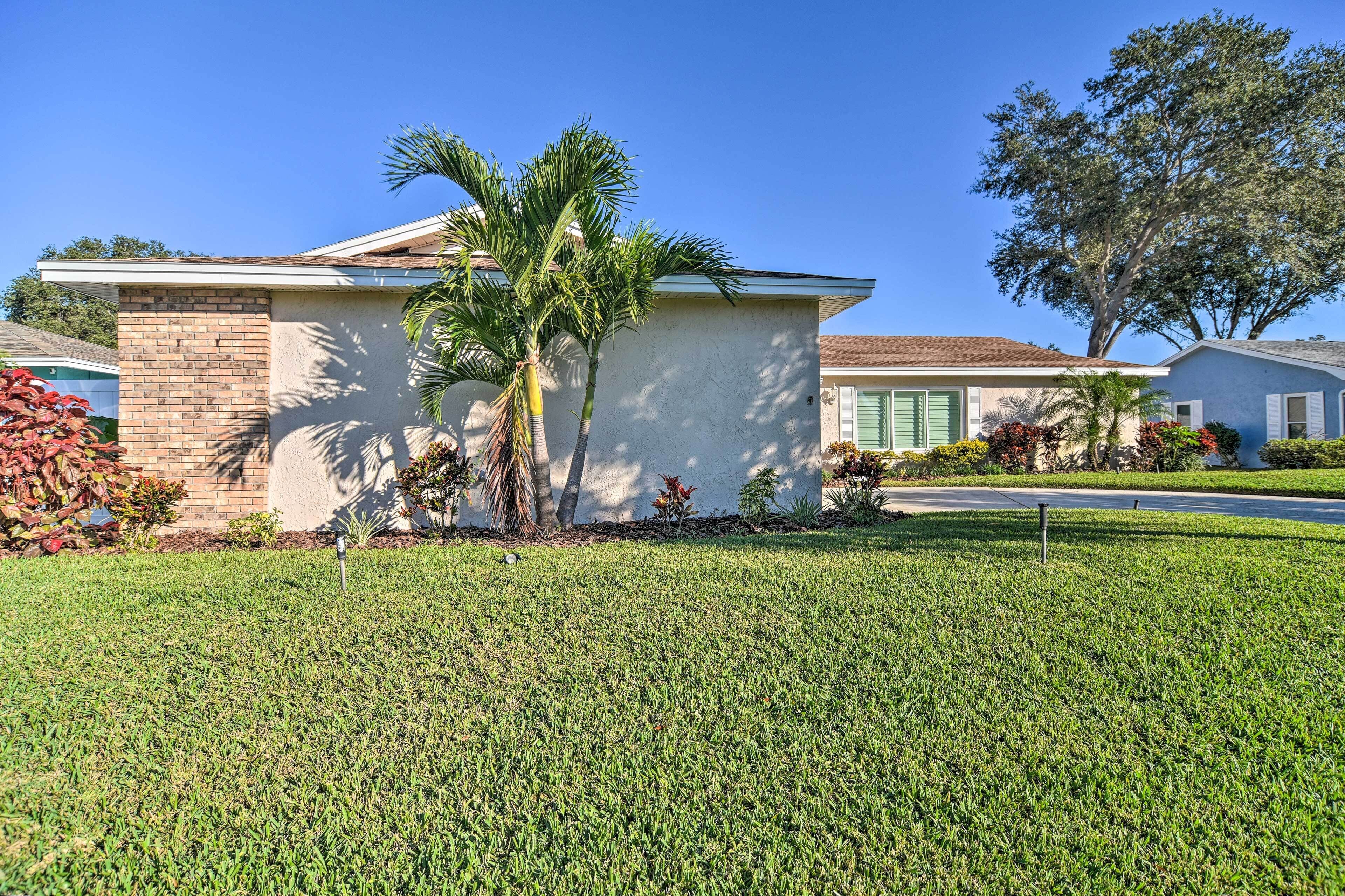 A residential house with a well-maintained lawn, a palm tree, and a brick wall.