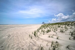 A beach with sand dunes and sparse vegetation. - Beautiful Brigantine Condo w/ Patio & Beach Access (Brigantine)