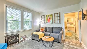 TV, fireplace, books